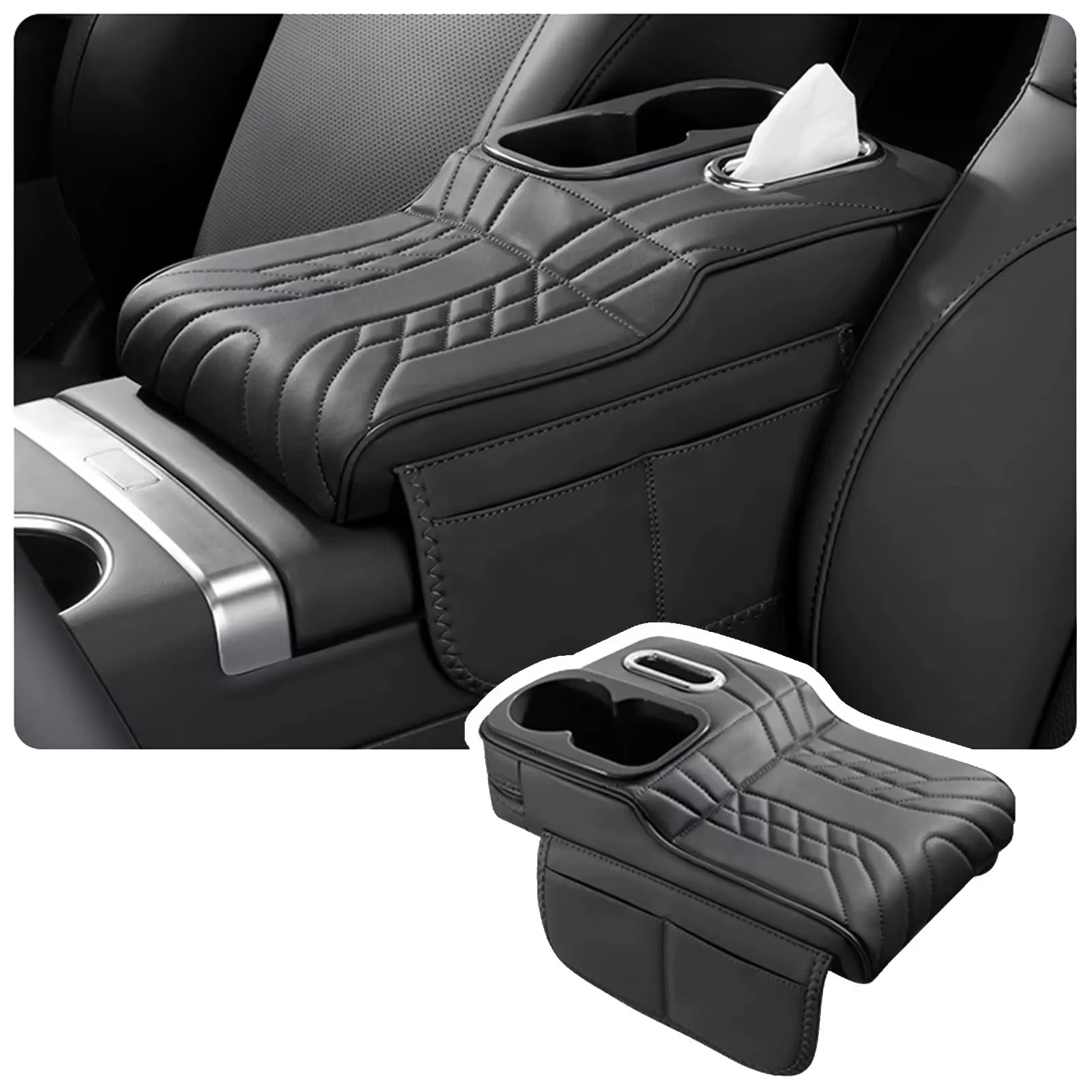 Tech Car Accessories - แผ่นเสริมความสูงสำหรับกล่องที่วางแขนในรถยนต์ หนัง PU เบาะรองที่วางแขน ที่วางแก้ว กล่องใส่ทิชชู