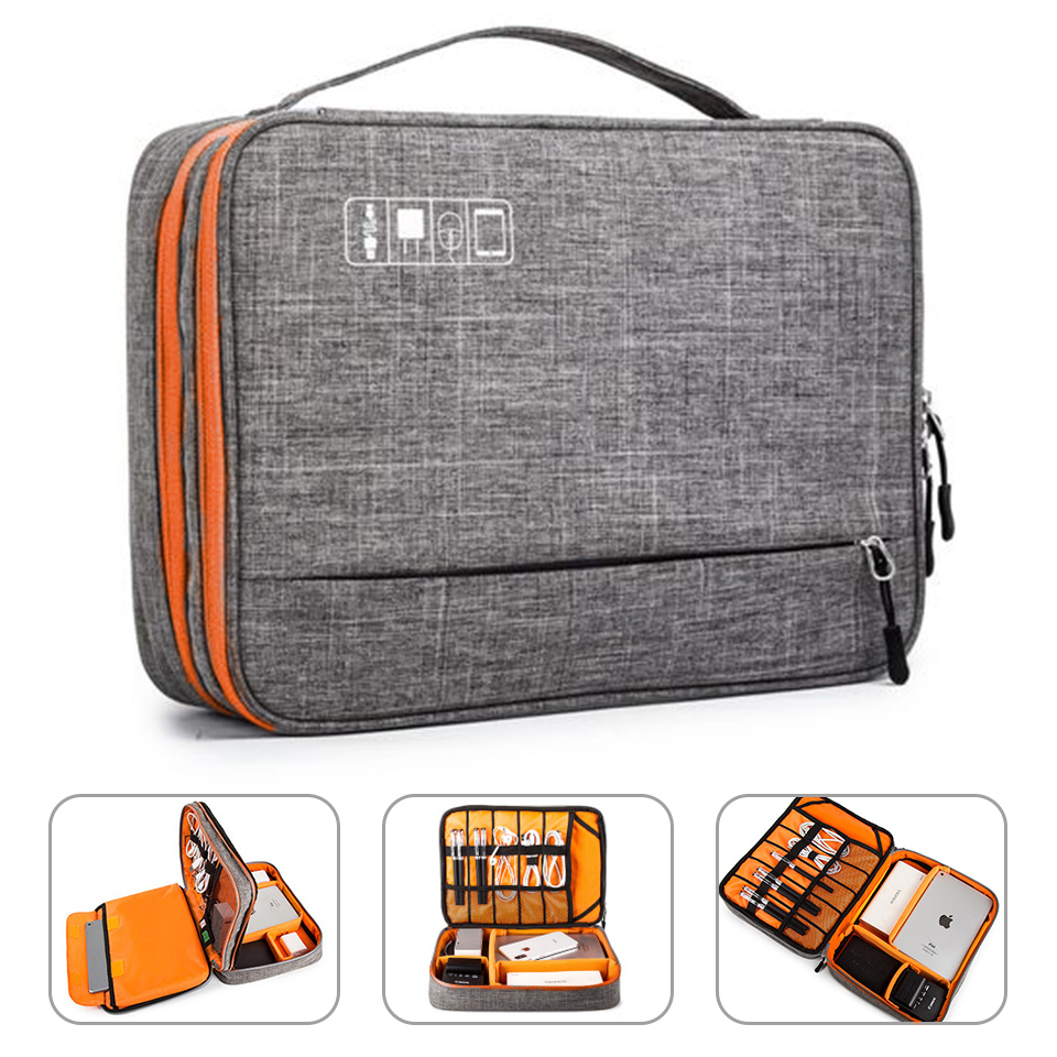 Tech Accessories Case - Double Layer อุปกรณ์เสริมอิเล็กทรอนิกส์กระเป๋าเกมแยกห้องและถอดแถบแบบพกพาสำหรับ iPad,ไดรฟ์,สาย,
