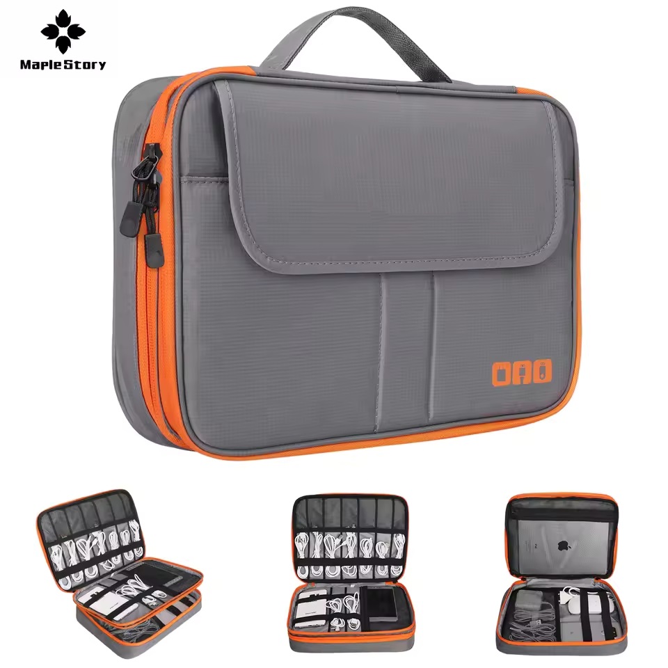 Tech Accessories Case - กระเป๋าเก็บสายชาร์จแบบดิจิตอลสองชั้น กระเป๋าจัดเก็บอุปกรณ์อิเล็กทรอนิกส์กันน้ำ กระเป๋าเก็บสายเคเบิล